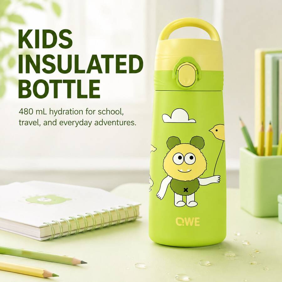 QWE 480ML 316 Stainless Steel Inner Liner Tritan Direct Drinking Mouth Cartoon Handheld Water Bottle For Kindergarten And Primary School Students - Mint Green - View 1
