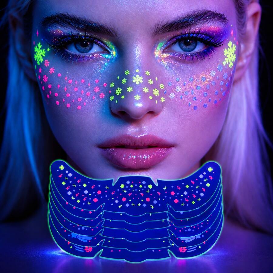 6 tờ miếng dán mặt tàn nhang phát sáng UV, hình xăm tạm thời mặt hoa sao neon dạ quang cho tiệc rave và lễ hội