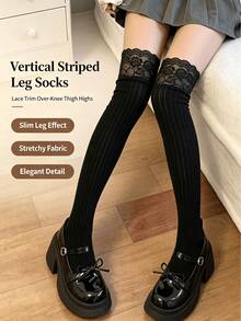 Women's Over-The-Knee Socks, Lace Trim, Slim Fit Vertical Stripe Design, Pure And Seductive Style, Suitable For JK/Japanese Sweet Looks - A - View 2