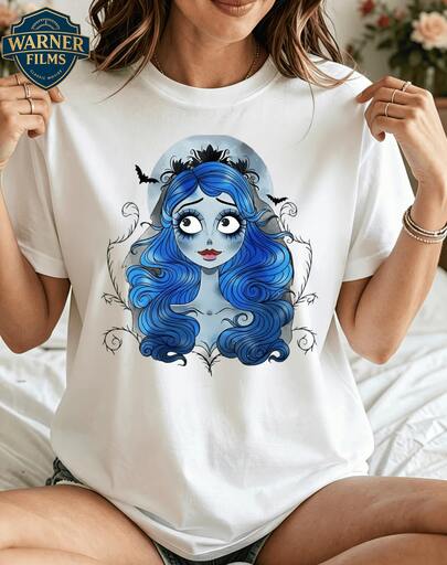 Warner Bros Unisex Corpse Bride Emily Graphic T-Shirt, Crew Neck Short Sleeve Top, Character Portrait Print With Bats And Floral Elements, Dark Fantasy Movie