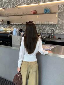 Solid Color Cowl Neck Fitted Long Sleeve T-Shirt Women's Innerwear Top - White - View 11
