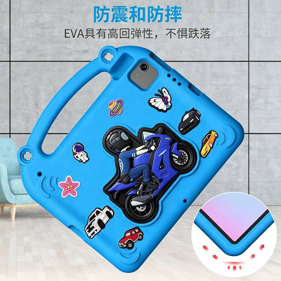 1件裝 藍色摩托車造型高級EVA兒童平板保護殼，DIY防震防摔，附支架功能，適用於Apple 10.2/10.5/10.9/11吋、Galaxy A9/A11 8.7吋、A9+/A11+ 11吋、S7/8/9/10 11吋，便攜手柄，可視支架
