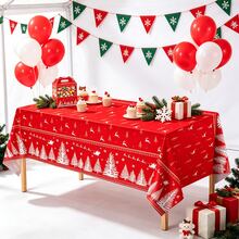1pc/3pcs Christmas Red & White Tree Tablecloth, Disposable Plastic Tablecloth 137x274cm, Christmas Tree & Santa Claus Red Table Decor, Suitable For Party, Picnic, Wedding, Winter And Christmas Decoration - Multicolor - View 1