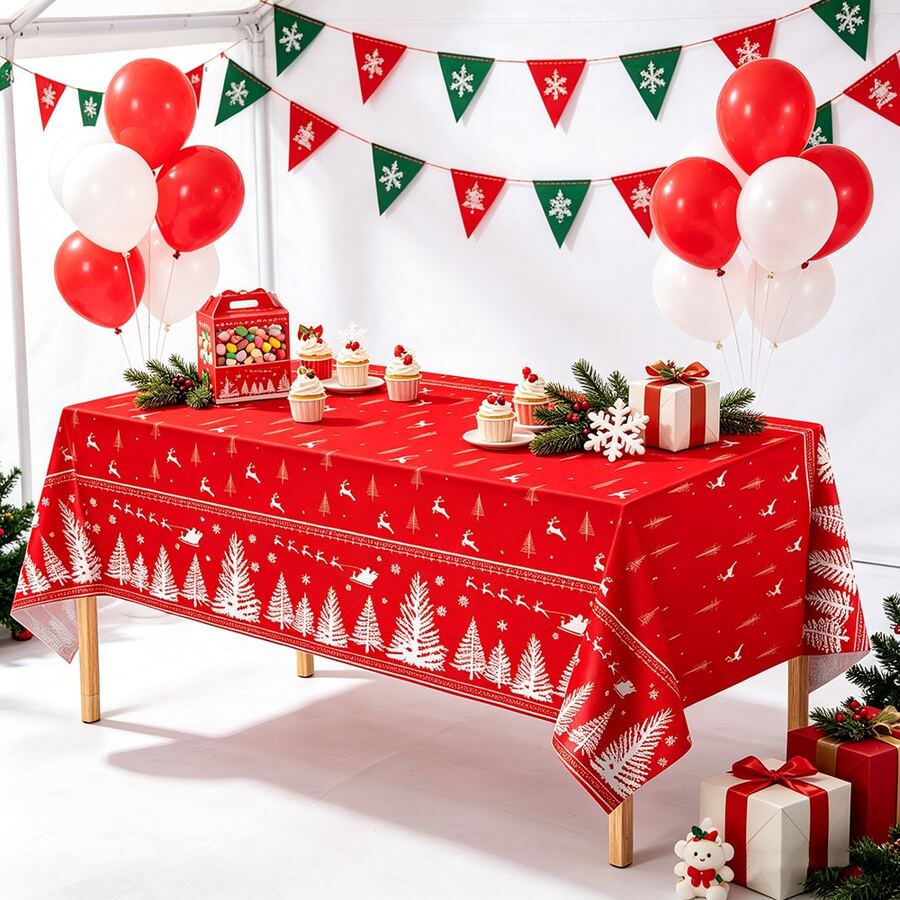 1pc/3pcs Christmas Red & White Tree Tablecloth, Disposable Plastic Tablecloth 137x274cm, Christmas Tree & Santa Claus Red Table Decor, Suitable For Party, Picnic, Wedding, Winter And Christmas Decoration - Multicolor - View 1