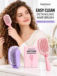 1pc Unisex Self-Cleaning Foldable Hair Brush With Cover, Portable Tangle-Free Comb Suitable For Wet & Dry Hair, Easy To Clean Travel Hair Styling Brush For Straight, Curly, Thick & Thin Hair - Multicolor - View 3