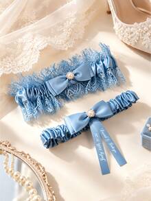 Customized Bride Name & Date Personalized Wedding Garter, Blue Lace Bridal Keepsake, Handmade Gift, Gift For Her - Multi-color - Sock Strap Set - View 5