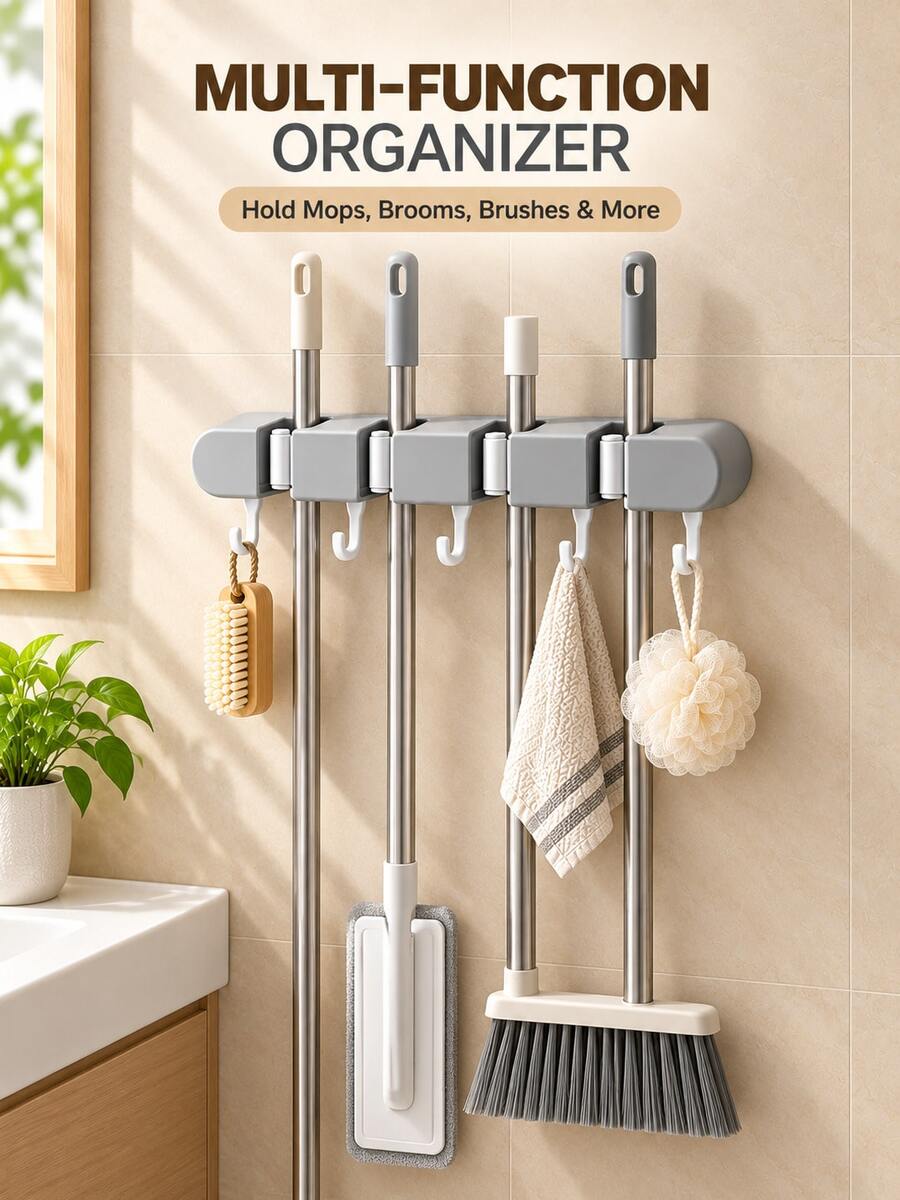 Wall-Mounted Mop Holder, Broom Rack, Bathroom Accessories, Home Storage Essentials; Suitable For Home, Kitchen, Garden, Laundry Room And School Dormitory. - Multicolor - View 1