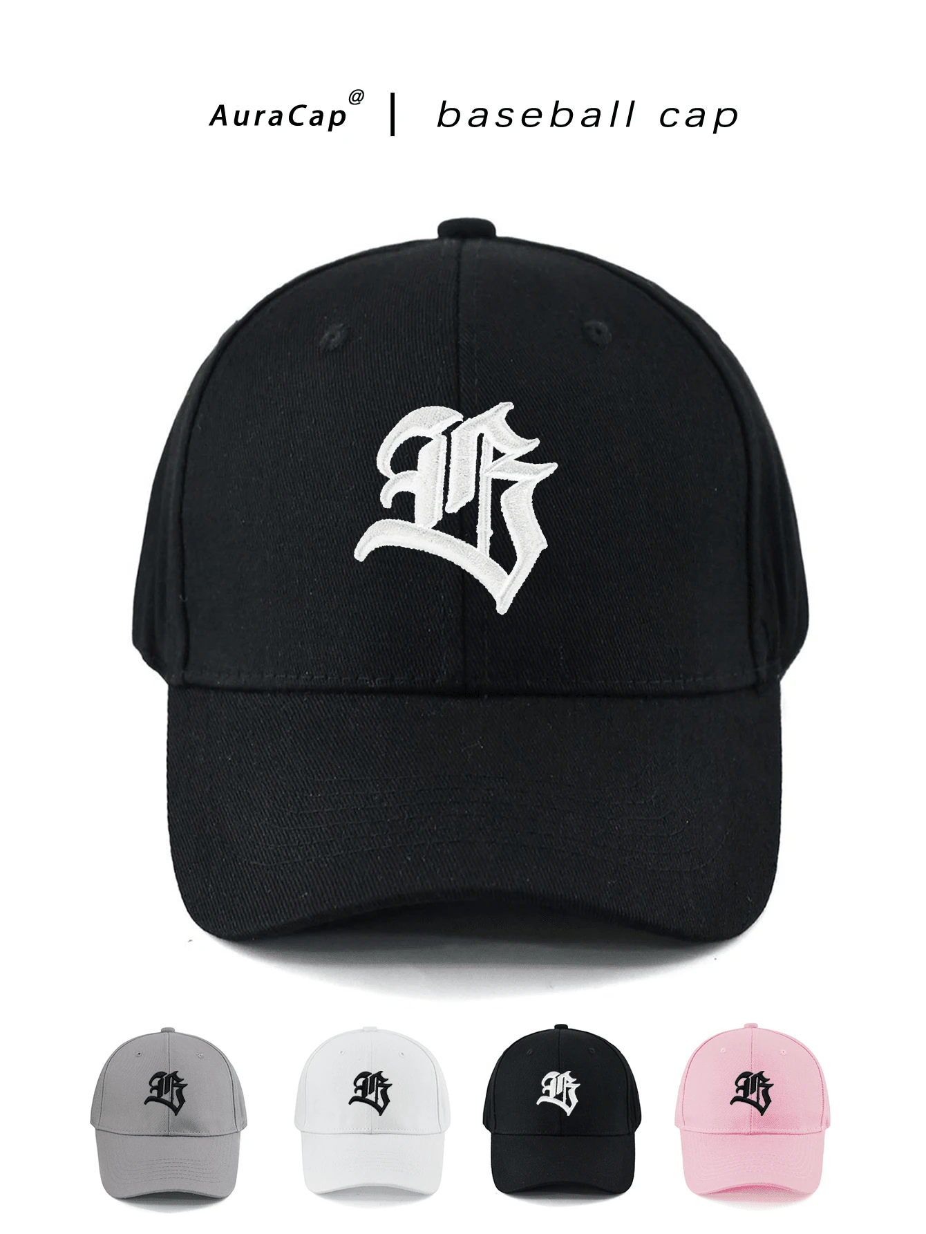 1 buah Topi Baseball Pria Bordir Huruf Gothic, Topi Kasual Pelindung Matahari yang Dapat Diatur, Cocok untuk Perjalanan Musim Semi/Musim Gugur, Pantai, Pesta - Hitam - View 1