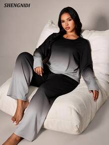 Women's Plus Size Pajama Set Long Sleeve Pants Loungewear, Autumn/Winter - Black and White - View 1