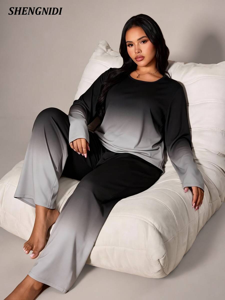 Women's Plus Size Pajama Set Long Sleeve Pants Loungewear, Autumn/Winter - Black and White - View 1