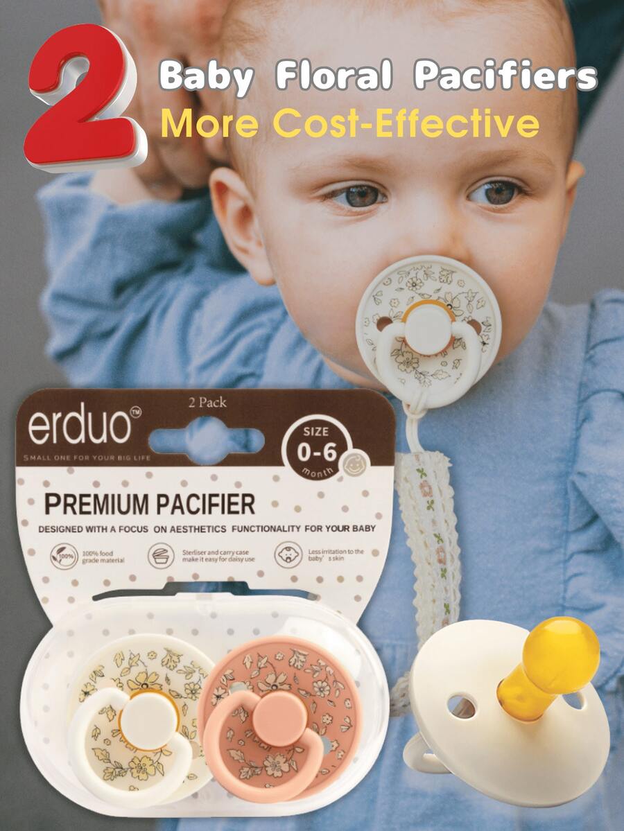 1 set Dot Bayi Lateks, Motif Bunga 2 Warna Lateks Alami Premium, Dot Empeng 0-3 Bulan, Satu Set Lebih Hemat Biaya