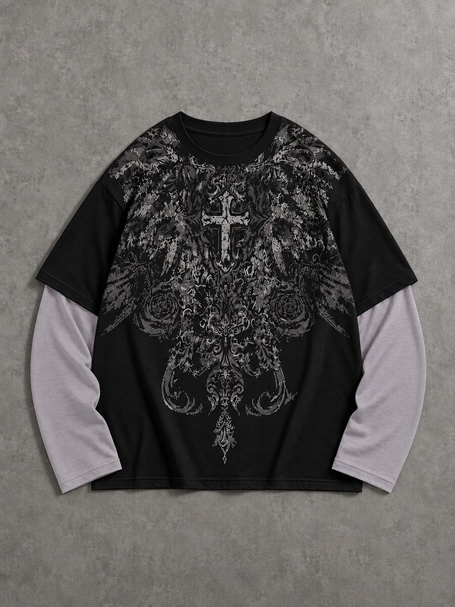 Krometka Men's Gothic Vintage Cross & Rose 2 In 1 Long Sleeve T-Shirt, Dark All-Over Print Patchwork Layered Loose Fit Top - Black - View 1