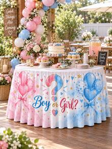 Gender Reveal Party Table Skirt, Pink & Blue Balloon Question Mark Boy Or Girl Print, Baby Shower Dessert Table Decoration, Table Edge Skirt - Multicolor - View 5