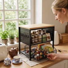 Dreistufiger Kaffee Organizer für Küche, 2026 Neuheit Kaffeestation mit Walnuss Echtholzoberfläche, 5 Metall-Schubkörben und seitlichem Tablett, Multifunktionaler Aufbewahrungsständer für Kaffeemaschine, Tassen, Gewürze, Teezubehör - Verschiedenfarbig - Übersicht 9