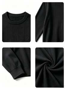 Boys Solid Black Crew Neck Vertical Rib Knit Sweater, Fall Winter Preppy Long Sleeve Jumper For School Daily Wear - Black - View 5