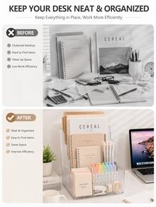 2/1pc 3-Tier Desktop Organizer+Book Stand/Set, Clear Acrylic Desk Storage Rack, Multi-Layer Stationery Holder With Open Compartments, Space-Saving Desk Organiser For Books, Notebooks, Files, Pens, Sticky Notes, Office,Study Room, Home,Back To School - Multicolor - View 4