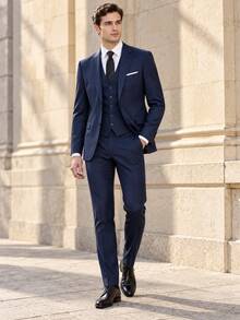 Men's 3 PiecesFormal Suit Set, Slim Fit Single-Breasted 2-Button Blazer, V-Neck Vest, Suit Pants, Suitable For Business, Wedding, Daily Work - Navy Blue - View 8