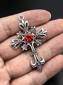 Vintage Gothic Cross Charm, Antique Silver Fleur-De-Lis Cross Pendant With Black/Red Rhinestone, DIY Jewelry Making Accessory For Necklace Bracelet - Multicolor - View 3