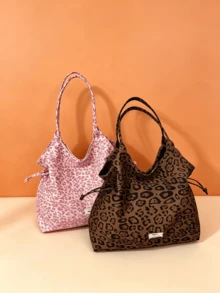 Women's Leopard Print Tote Bag, Large Capacity Drawstring Shoulder Bag, Casual Lightweight Handbag, Suitable For Daily Commute And Shopping - Multicolor - View 1