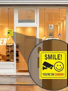 1pc/8pcs Smile Reminder Stickers, Surveillance Prompt. "Smile, You Are On Camera" Window Decals - Polite Video Surveillance Alert Stickers With Camera Icon, Yellow And Black, Suitable For Home, Business, Yard, Driveway Security, Camera Stickers - Multicolor - View 1