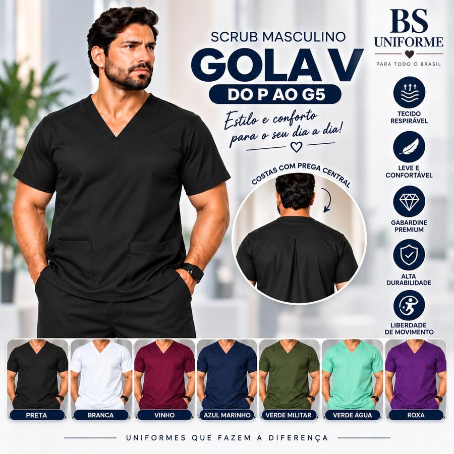 Blusa Scrub Masculina Gola V com Bolsos Uniforme Hospitalar Profissional P ao GG - Preto - Visão 1