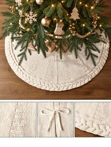 1pc Cream White Cable Knit Christmas Tree Skirt With Braided Trim And Geometric Textured Pattern, Round Tree Base Cover, Suitable For Farmhouse Country Style Holiday Home Decor, Christmas Decoration And Winter Room Arrangement - White - View 6