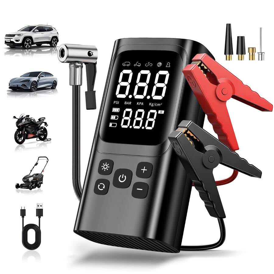 1pc Wireless Car Jump Starter With Air Pump, 12V Car Emergency Jump Starter, 150PSI Air Compressor, With USB Cable, LED Light And Smart Display Screen