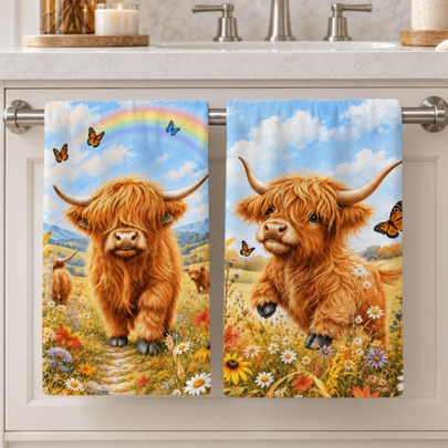 2/4/6 Peças Conjunto de Toalhas de Banheiro com Vaca das Terras Altas, Decoração de Outono para Casa, Toalha de Mão com Borboleta Arco-Íris de Outono, Toalha de Banheiro Estilo Fazenda Rústica de Outono, Decoração de Banheiro com Vaca das Terras Altas Floral Fofa, Decoração Sazonal para Casa, Decoração de Quarto, Presente de Inauguração, Decoração de Outono, Presente de Aniversário