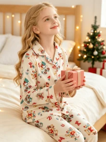 2pcs/Set Girls Christmas Bear Cartoon All-Over Print Lapel Pajama Set, Long Sleeve Long Pants, Flame Retardant Fabric Soft And Skin-Friendly, Tween Girl Holiday Party Wearable Loungewear - Multicolor - View 1