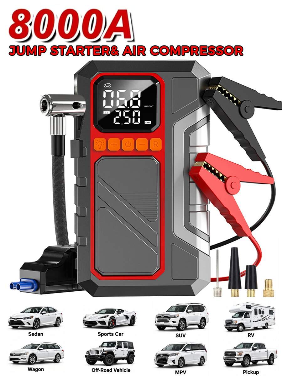 Alat Bantu Start Mobil 2-in-1 8000A dengan Pompa Ban 140PSI, Starter Aki 12V, Kompresor Udara, Layar Digital, Lampu LED, dan Power Bank USB, Penting untuk Perjalanan Jauh di Cuaca Dingin dan Musim Dingin, Hadiah untuk Pria dan Wanita - Wireless - View 1