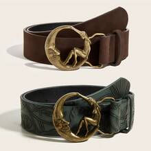2pcs Women's Vintage Moon Girl Round Buckle Printed PU Belt Set, Suitable For Daily Use - Multicolor - View 7