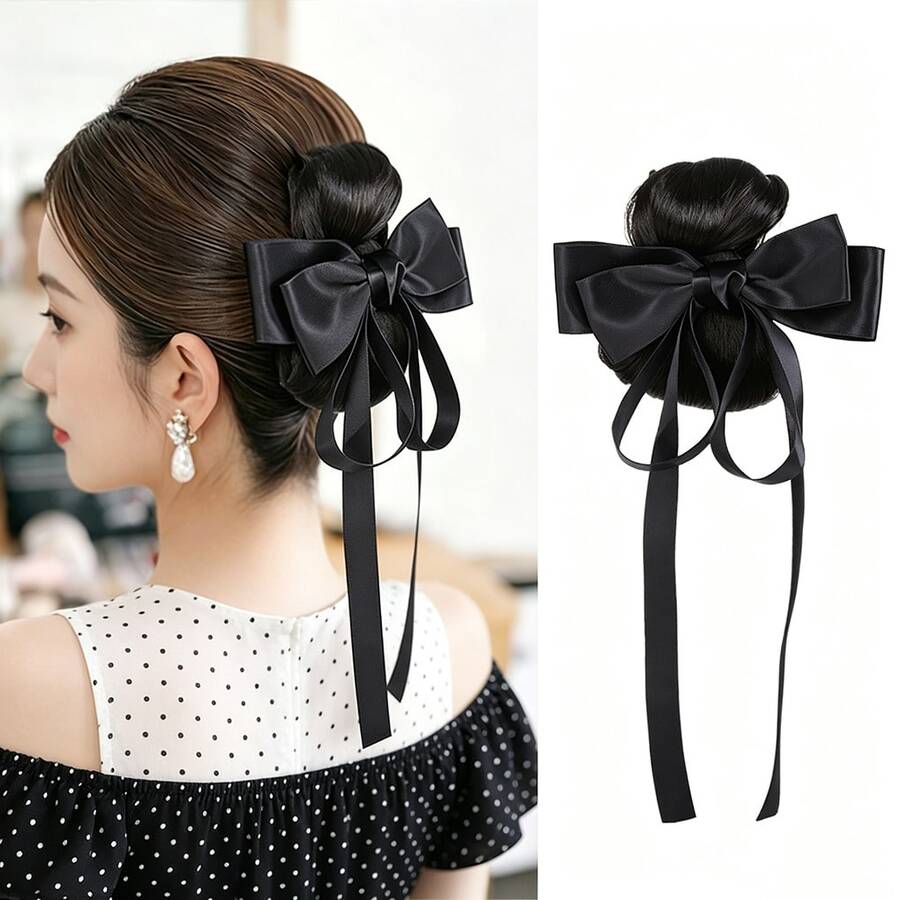 Women's Bow Ribbon Hair Claw Clip Hair Accessory Bun Hair Wrap Hair Tie - Black - View 1