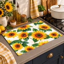 1pc Yellow Sunflower Floral Kitchen Drain Mat Table Placemat, Green Leaf Plant Print Dining Table Mat Coffee Countertop Pad, Pastoral Farmhouse Style Desktop Decor Mat, Kitchen Dining Room Home Decor Accessory - Multicolor - View 1