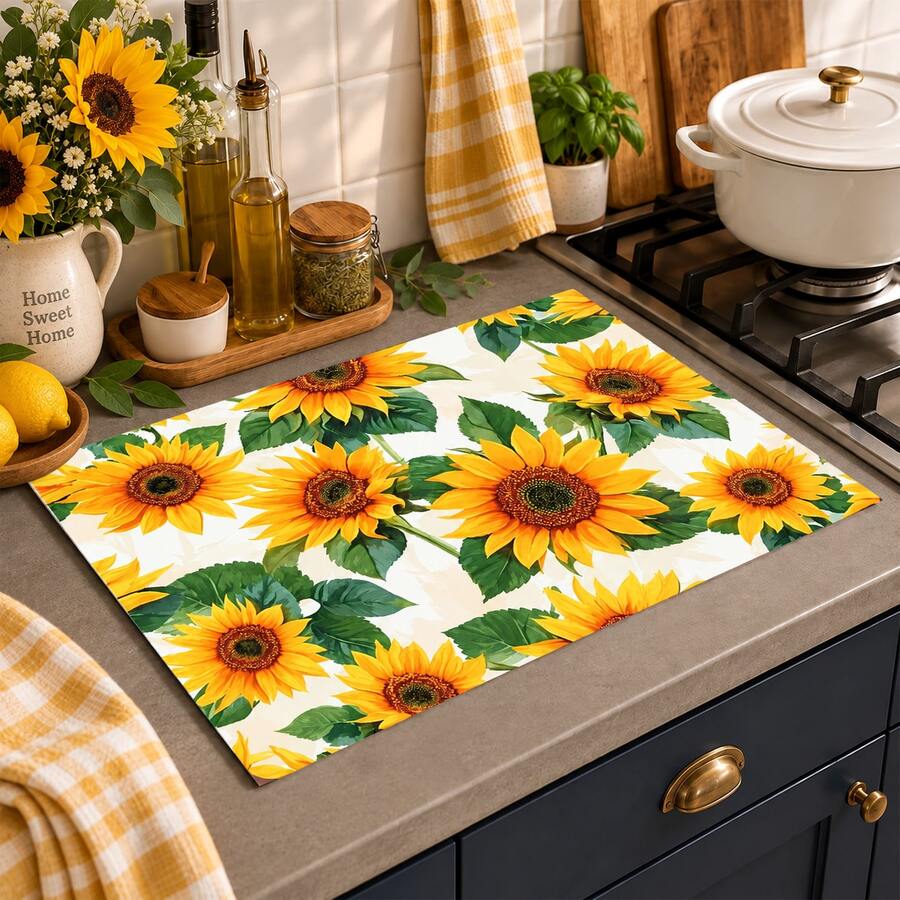 1pc Yellow Sunflower Floral Kitchen Drain Mat Table Placemat, Green Leaf Plant Print Dining Table Mat Coffee Countertop Pad, Pastoral Farmhouse Style Desktop Decor Mat, Kitchen Dining Room Home Decor Accessory - Multicolor - View 1