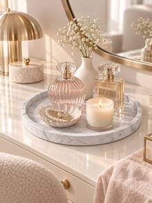 1pc Round Marble Pattern Decorative Tray, Suitable For Fragrance Bottles, Candles, Aromatherapy Diffusers, Jewelry And Beauty Essentials, Elegant Vanity, Bathroom Countertop And Side Table Storage, Bathroom Accessories, Toothbrush Holder, Brush Holder - Multiple Styles - View 2