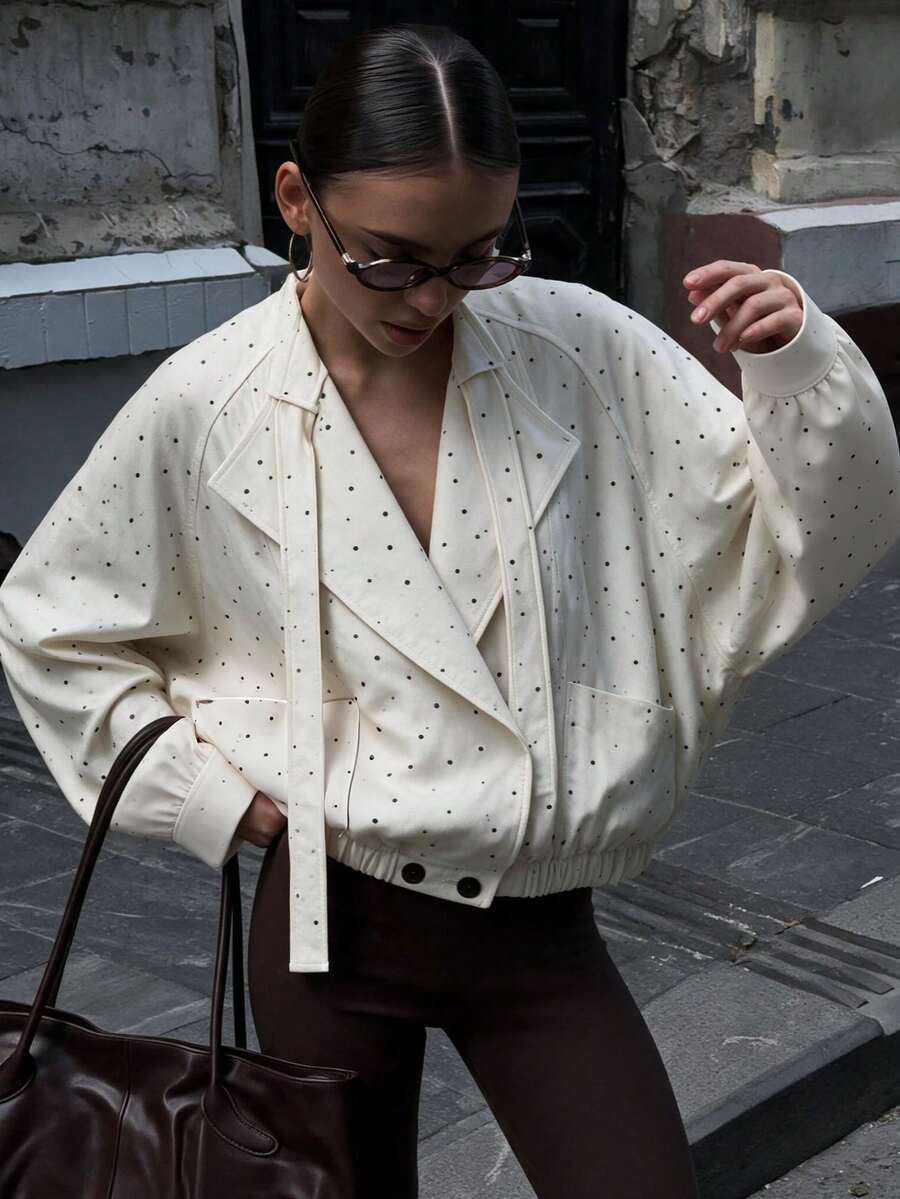 VIVINA Women's Autumn/Winter Vintage Polka Dot Print Raglan Sleeve Loose Regular Jacket, Fashionable Retro Jacket, Weekend Outing Shopping Dating Tea Party Outfit, Elegant Commute, Street Style Retro, Y2K, Versatile Fall Clothes For Women - Apricot - View 1