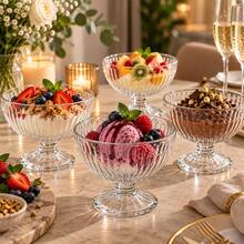 6-Piece Clear Ribbed Glass Dessert Bowls With Pedestal Base – Elegant Ice Cream, Fruit & Pudding Serving Cups - View 3