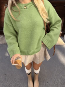 Women's New Autumn/Winter Round Neck Loose Drop Shoulder Slouchy Knit Sweater Top - Green - View 1