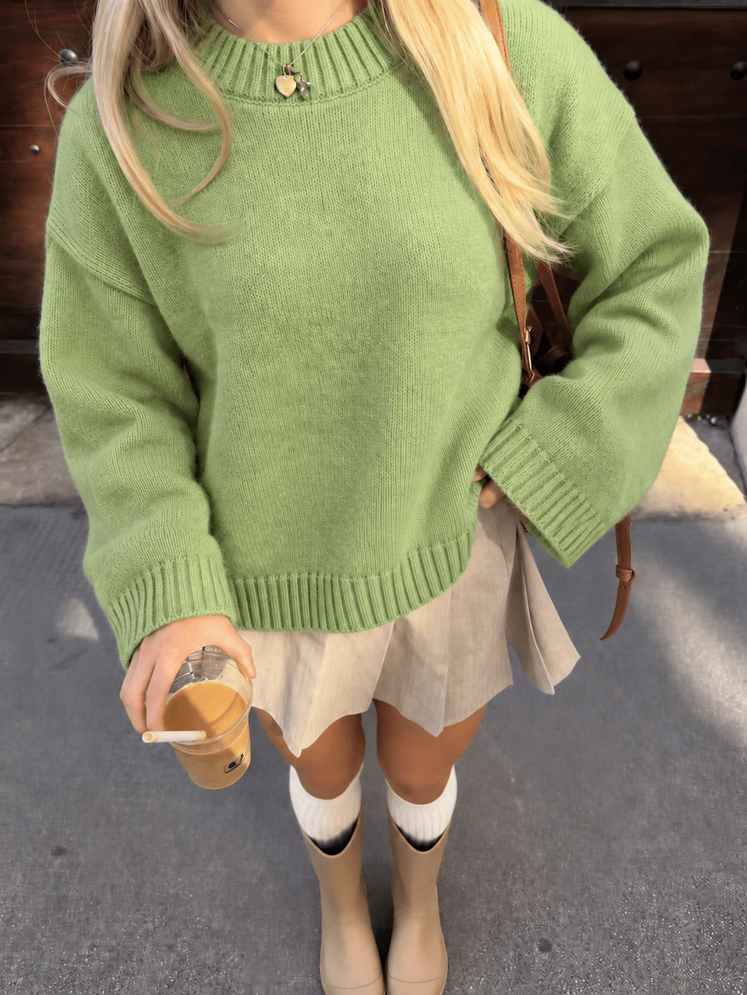 Women's New Autumn/Winter Round Neck Loose Drop Shoulder Slouchy Knit Sweater Top - Green - View 1