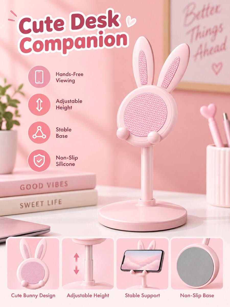 2026 New Model: Cute Rabbit Phone Stand | Pink Adjustable Height Desktop Phone Holder | Suitable For All 4-10 Inch Phones And Tablets | Cute Desktop Accessory And Essential Phone Accessory For Women | Practical And Cute - Essential For Studying, Working And Watching Movies | Perfect Gift For Halloween, Christmas, Valentine's Day, Easter And Mother's Day
