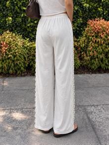 Women's Loose Casual Long Pants With Pockets, Lace Patchwork Solid Color, Elegant Commute Fashion Daily - White - View 3