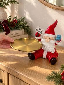 1pc Resin Santa Claus Figurine, Holding Merry Christmas Sign And Gift, Red Hat Christmas Statue With Detachable Gold Ornament Tray, Holiday Decor For Entryway Table And Vanity, Christmas Gift For Decor Enthusiasts - Multiple Styles - View 3
