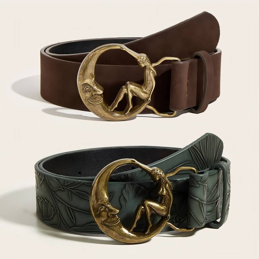 2pcs Women's Vintage Moon Girl Round Buckle Printed PU Belt Set, Suitable For Daily Use - Multicolor - View 1