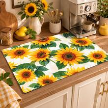 1pc Yellow Sunflower Floral Kitchen Drain Mat Table Placemat, Green Leaf Plant Print Dining Table Mat Coffee Countertop Pad, Pastoral Farmhouse Style Desktop Decor Mat, Kitchen Dining Room Home Decor Accessory - Multicolor - View 3