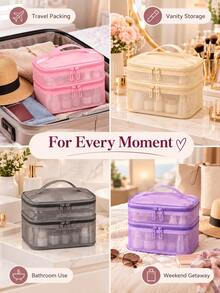 Double Layer Mesh Makeup Bag With Handle, Portable Travel Cosmetic Storage Box, Large Capacity Zippered Toiletry Organizer, Multiple Colors Available, Suitable For Daily Use And Travel - Multicolor - View 8