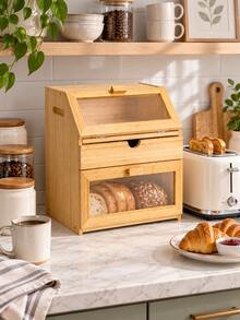 1pc Bamboo Bread Box, Double Layer Bread Storage Container With Clear Windows And Drawer, Countertop Bakery Organizer For Home Kitchen, Pantry, Apartment, Farmhouse Decor, Bread And Pastry Storage - Multicolor - View 3
