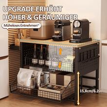 2026 Neuheit Kaffee-Kapsel Aufbewahrungsregal, dreistufige Kaffee-Station mit 5 Metall-Schubkörben und seitlichem Tablett, Kaffeemaschinenständer mit Walnuss Echtholzoberfläche, Küchen Organizer für Kaffee-Kapseln, Tassen, Gewürze und Teeutensilien - Verschiedenfarbig - Übersicht 8