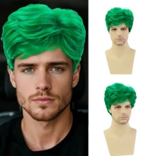 Short Green Wig Men, Natural Wavy Textured Synthetic Heat Resistant Hair For Men Cosplay Halloween (Green) - Mint Green - View 1