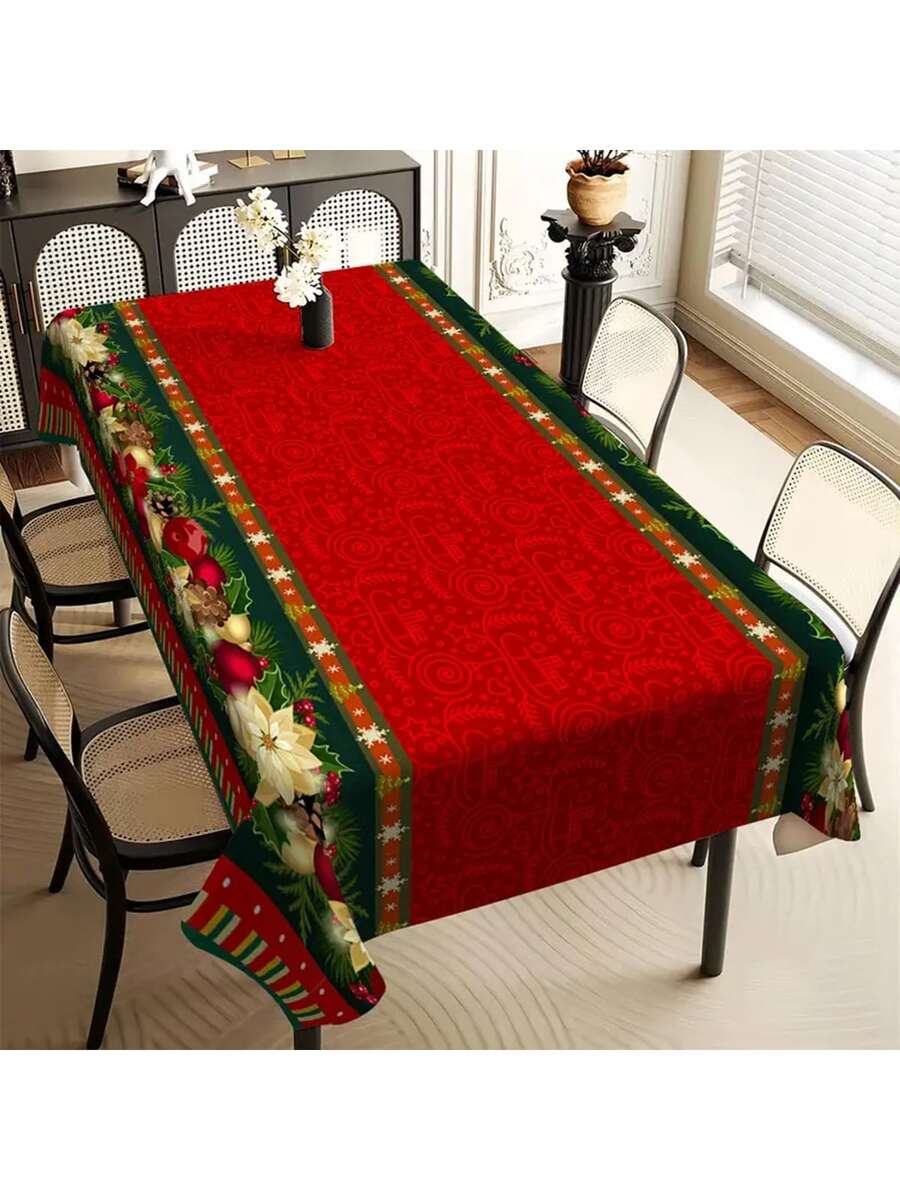 1pc Waterproof Rectangular Christmas Themed Printed Tablecloth, Stain-Resistant Wrinkle-Resistant Decorative Fabric, Suitable For Indoor/Outdoor Dining, Party, Buffet, Wedding, Woven Polyester Tablecloth - Multicolor - View 1