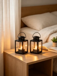 1pc/2pcs Mini Iron & Glass Lantern Candle Holder, Portable Hanging Tea Light Lamp, Windproof Glass Candle Holder Small Lantern, Vintage Desktop Decor For Christmas, Wedding, Party Atmosphere - Black - View 9